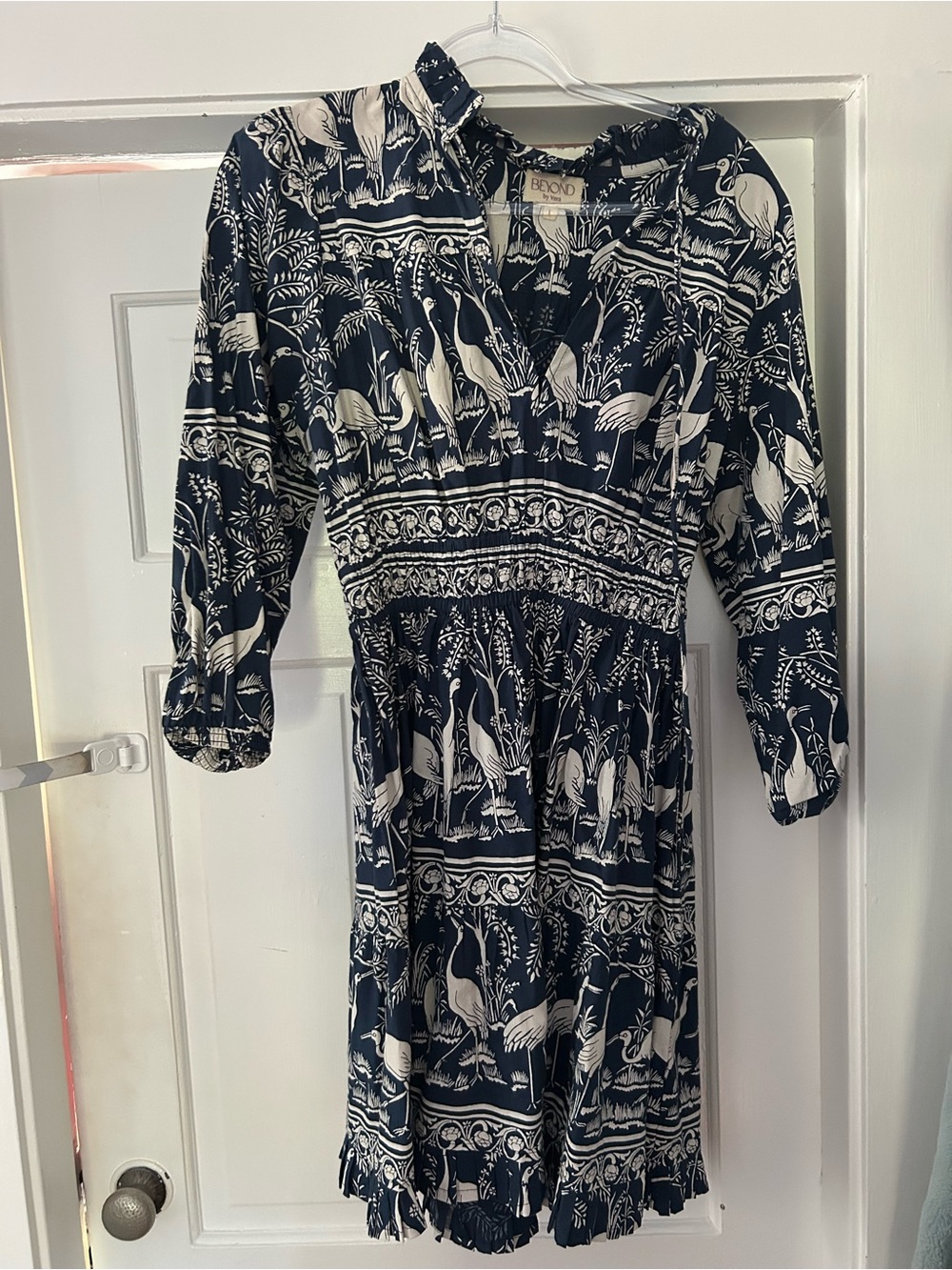 Beyond by Vera Navy and White Printed V-Neck Smocked Waist Dress